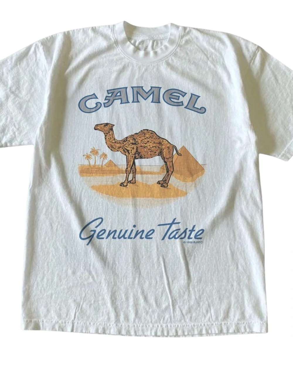 Gildan White Camel Graphic Tee with Blue and Tan Print